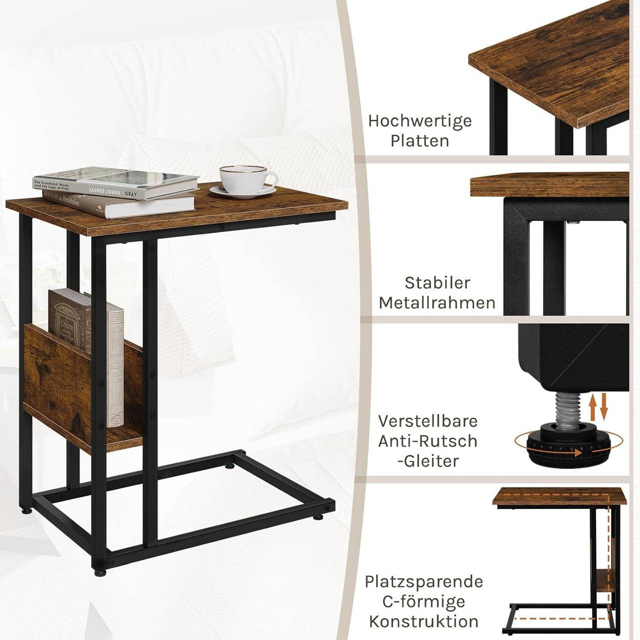 24goodz Side Table - Sturdy and Durable Design - E1-Class Wood and Metal - For Living Room or Bedroom - Rustic Brown