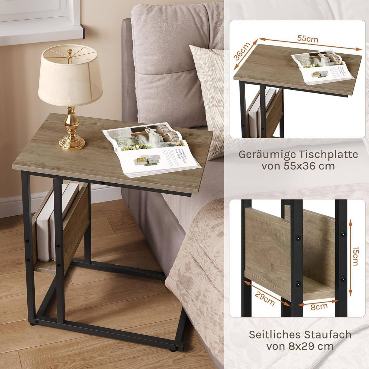 24goodz Side Table - Sturdy and Stylish - E1-Class Wood and Metal - For Living Room or Bedroom - Light Oak Finish - 55x36x59.5cm