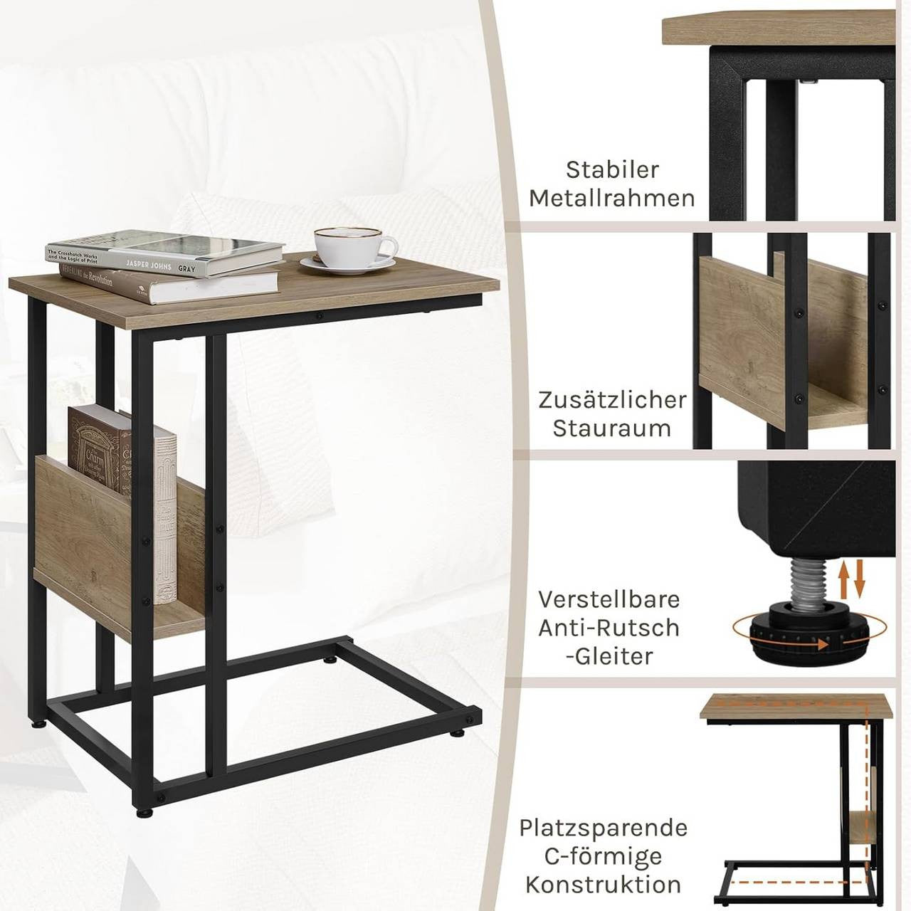 24goodz Side Table - Sturdy and Stylish - E1-Class Wood and Metal - For Living Room or Bedroom - Light Oak Finish - 55x36x59.5cm
