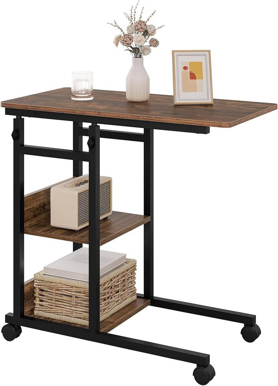 24goodz Adjustable Side Table - Versatile and Space-Saving - Wood and Metal - For Living Rooms and Home Offices - Vintage Wood Look + Black