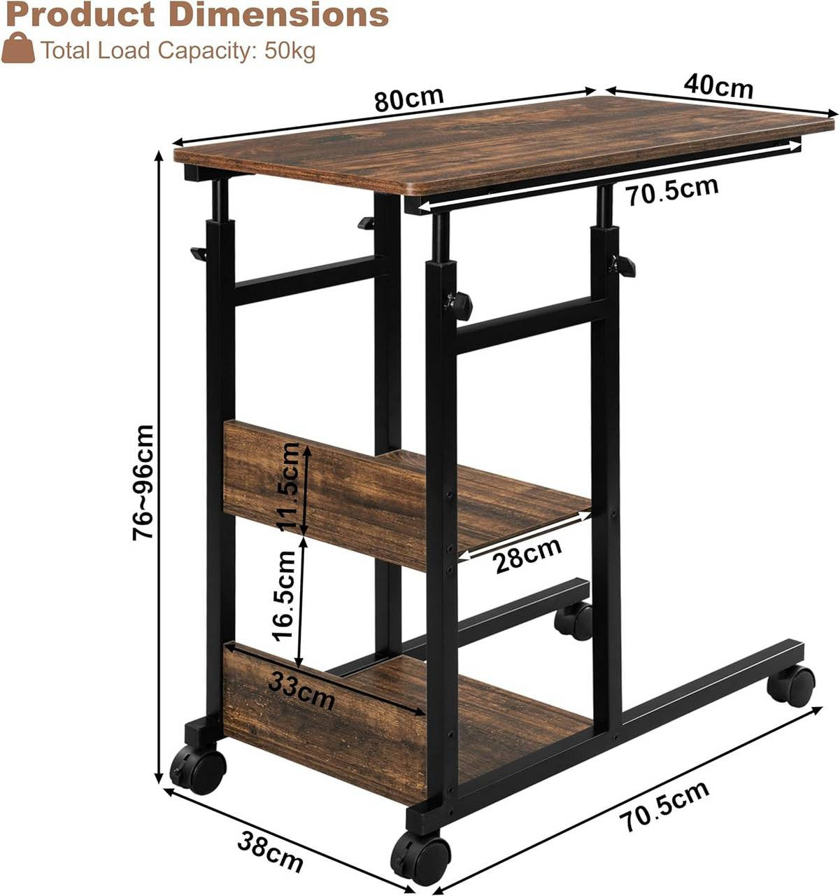 24goodz Adjustable Side Table - Versatile and Space-Saving - Wood and Metal - For Living Rooms and Home Offices - Vintage Wood Look + Black