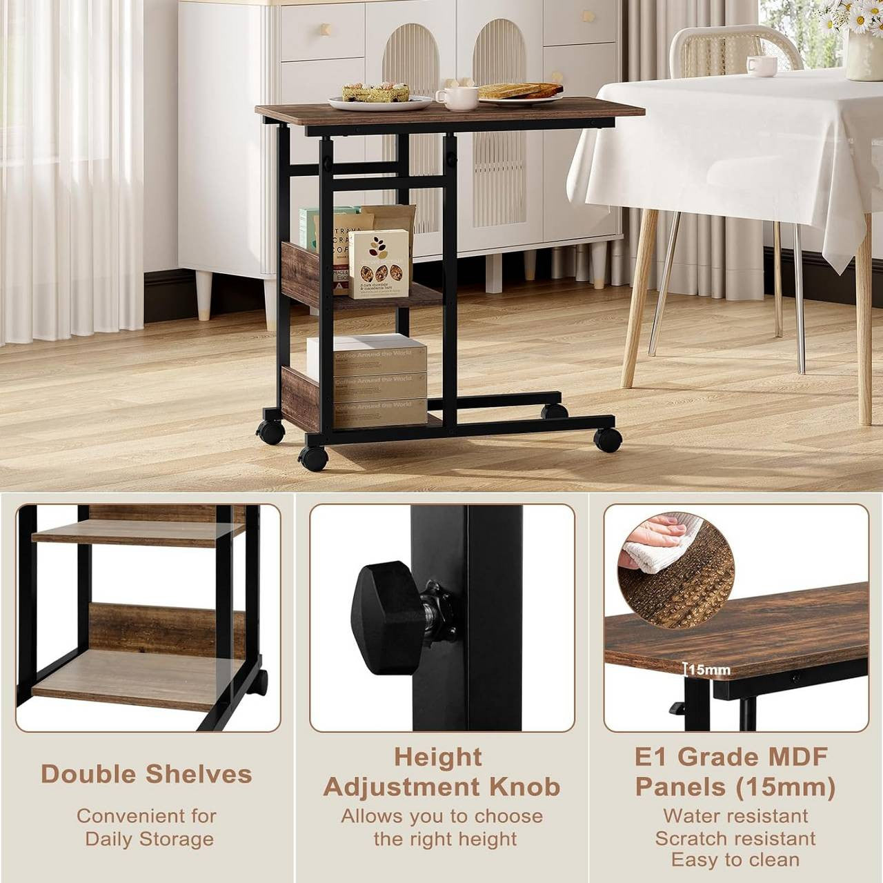 24goodz Adjustable Side Table - Versatile and Space-Saving - Wood and Metal - For Living Rooms and Home Offices - Vintage Wood Look + Black