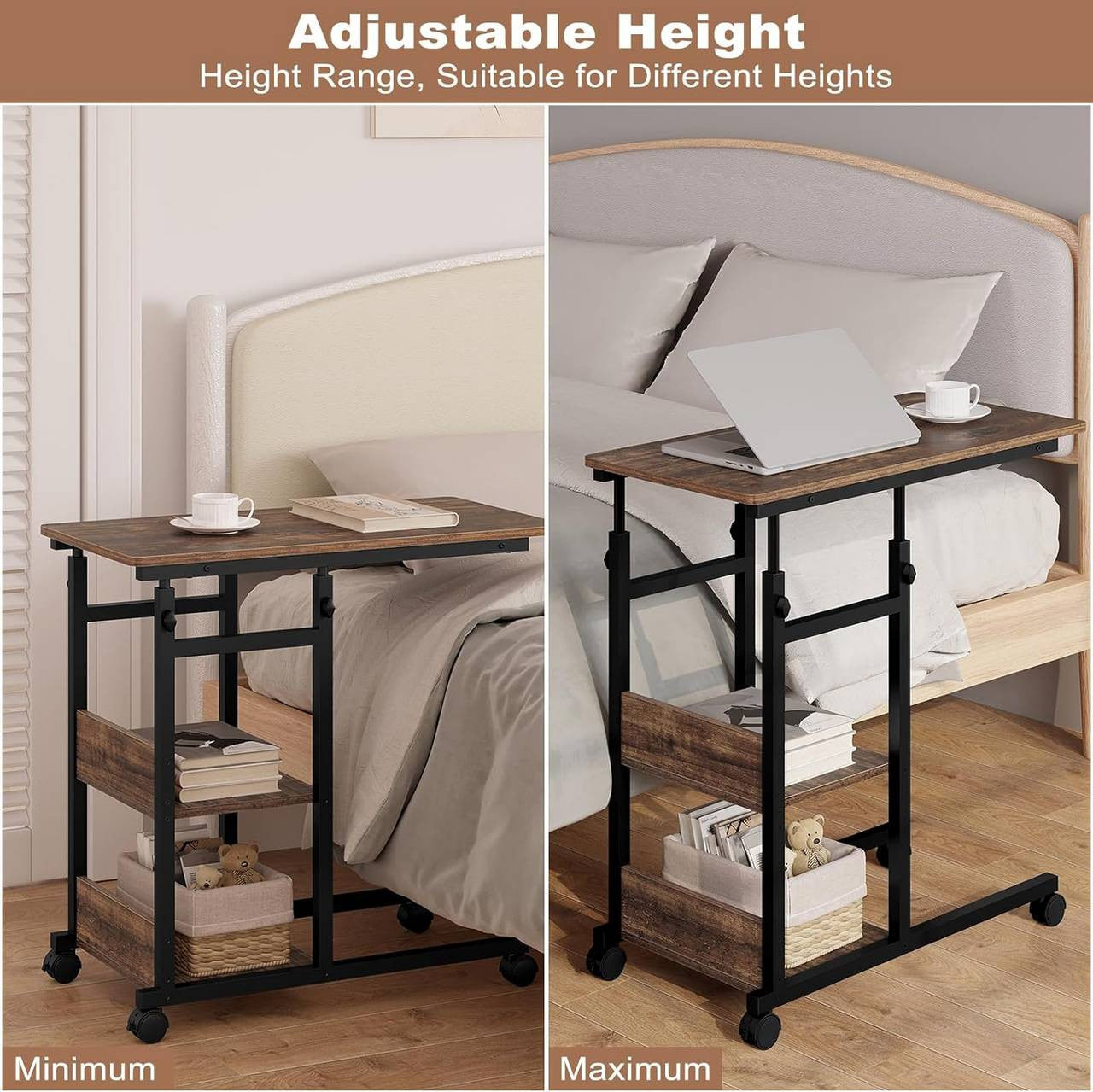 24goodz Adjustable Side Table - Versatile and Space-Saving - Wood and Metal - For Living Rooms and Home Offices - Vintage Wood Look + Black