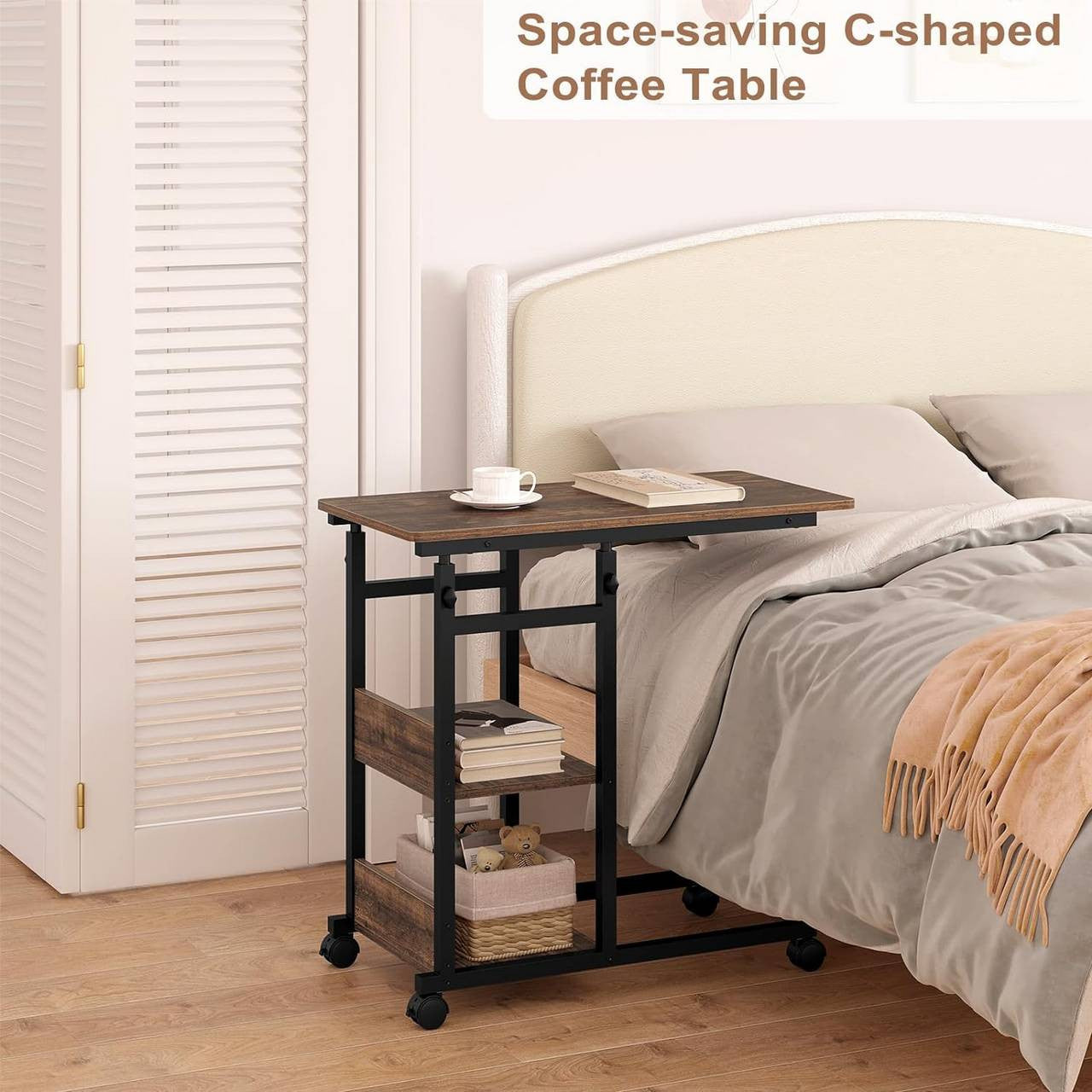 24goodz Adjustable Side Table - Versatile and Space-Saving - Wood and Metal - For Living Rooms and Home Offices - Vintage Wood Look + Black