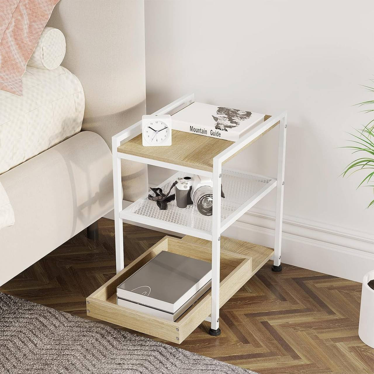 24goodz Rolling Side Table - Convenient Mobility - Strong and Durable - Wood and Metal - Light Oak + White