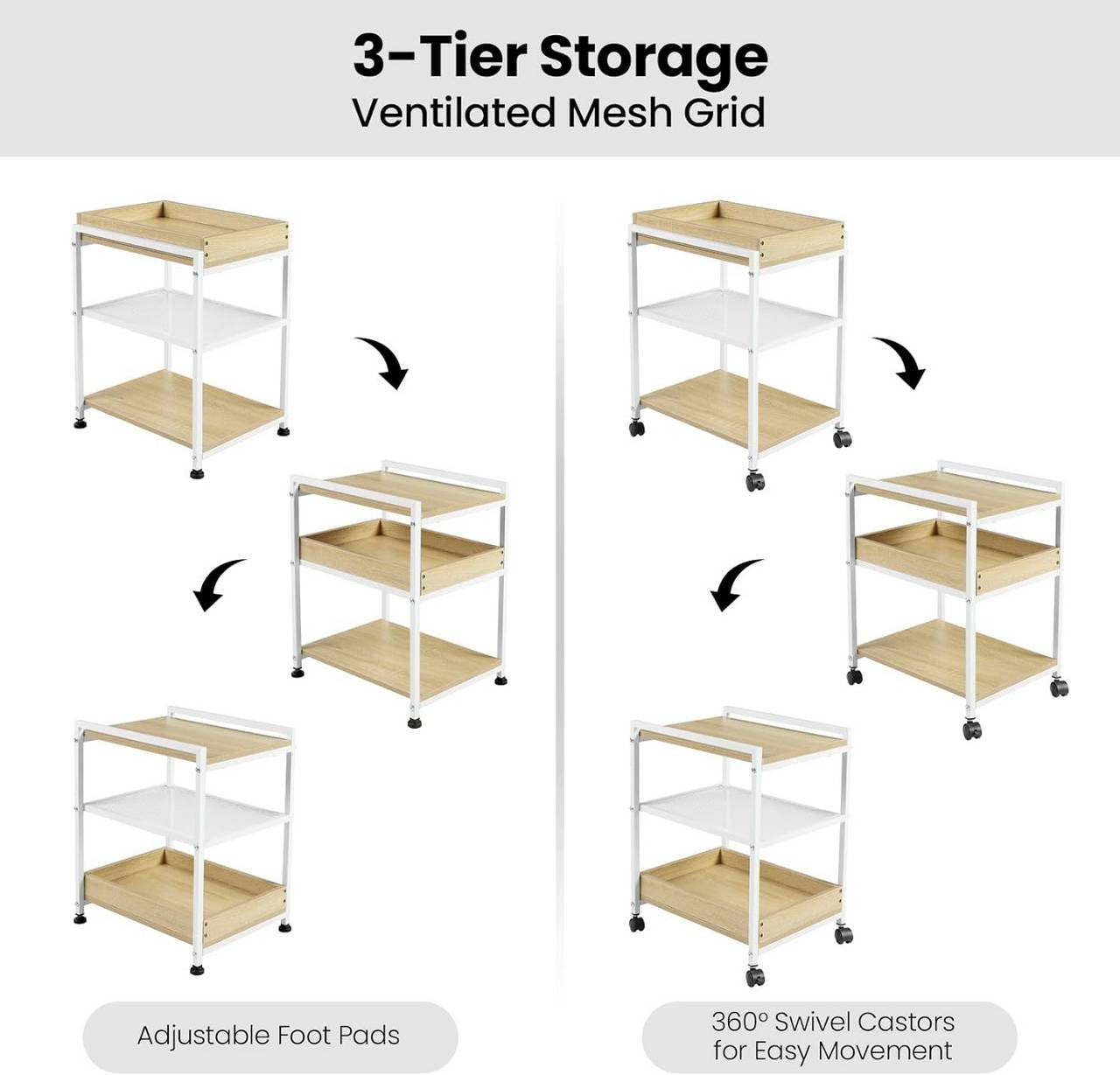 24goodz Rolling Side Table - Convenient Mobility - Strong and Durable - Wood and Metal - Light Oak + White