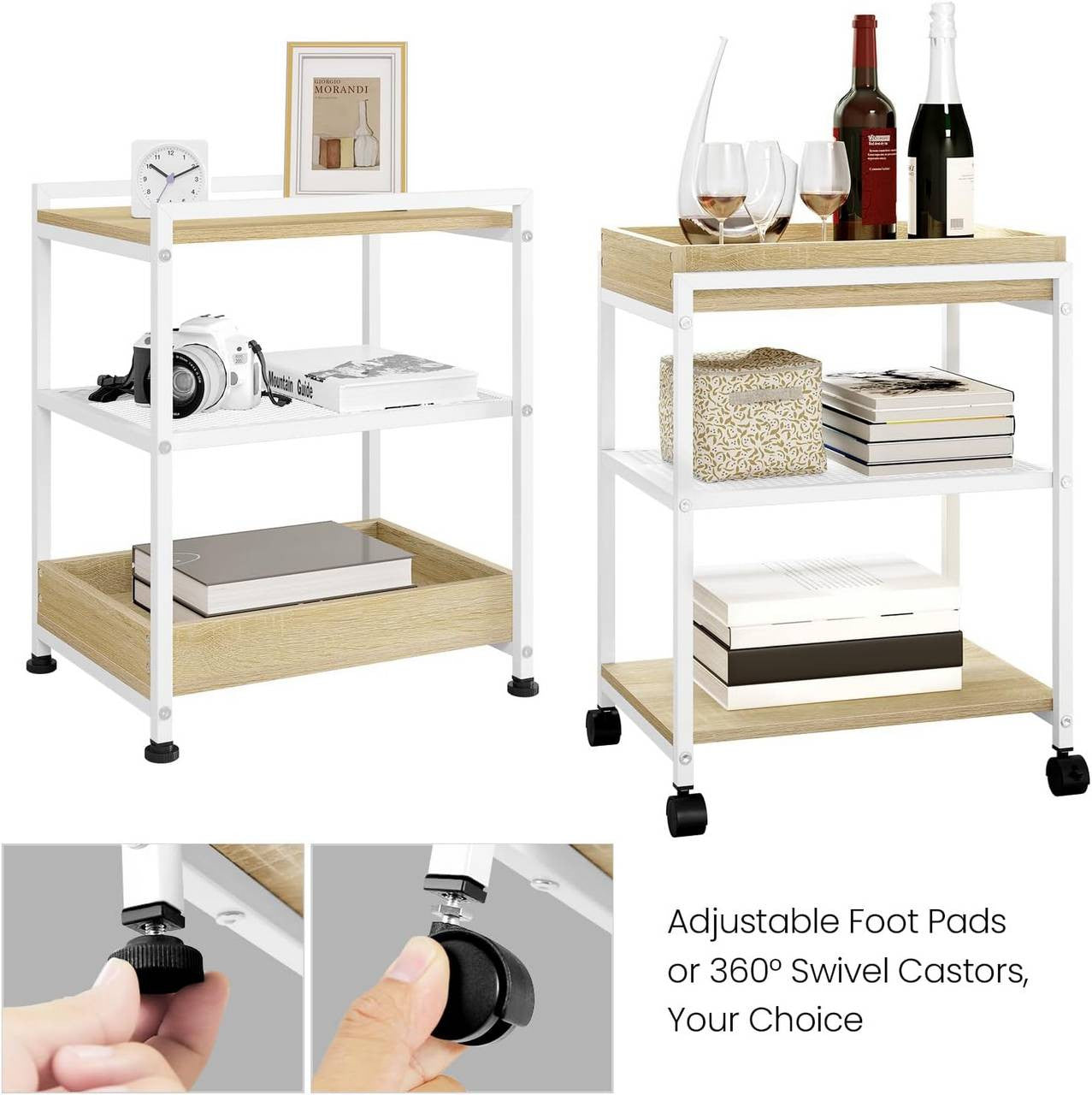 24goodz Rolling Side Table - Convenient Mobility - Strong and Durable - Wood and Metal - Light Oak + White