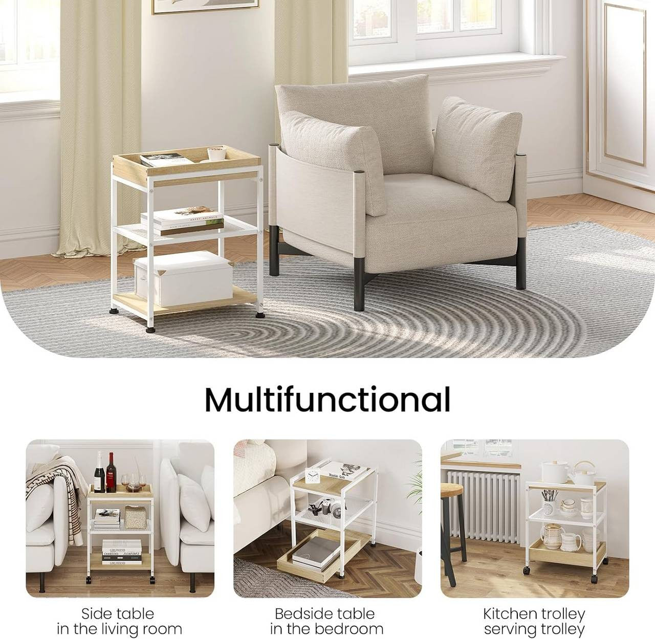 24goodz Rolling Side Table - Convenient Mobility - Strong and Durable - Wood and Metal - Light Oak + White