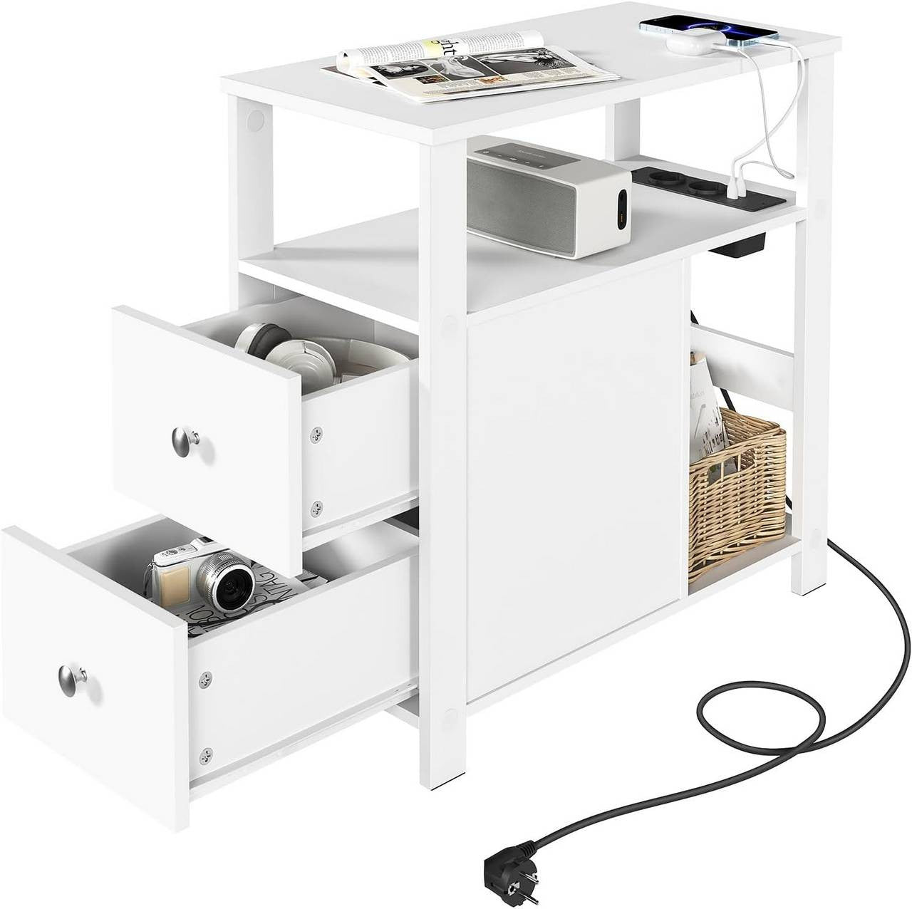 24goodz Side Table with Charging Station - Versatile Storage Options - E1-Class Wood - For Small Spaces - White/Black
