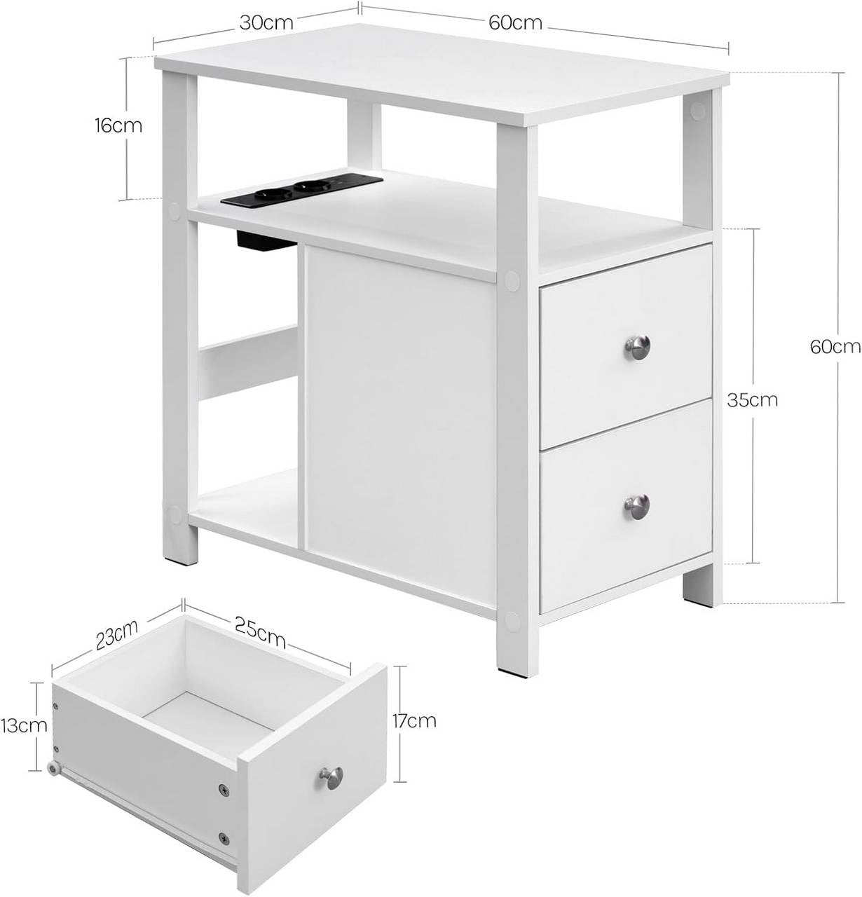 24goodz Side Table with Charging Station - Versatile Storage Options - E1-Class Wood - For Small Spaces - White/Black