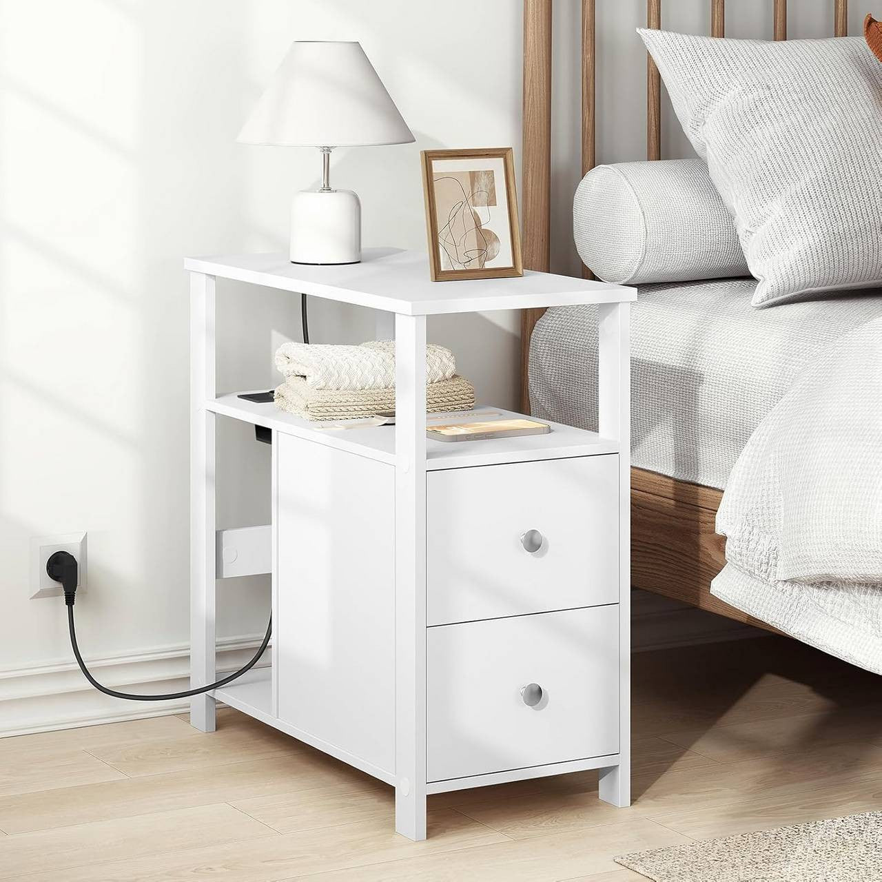 24goodz Side Table with Charging Station - Versatile Storage Options - E1-Class Wood - For Small Spaces - White/Black