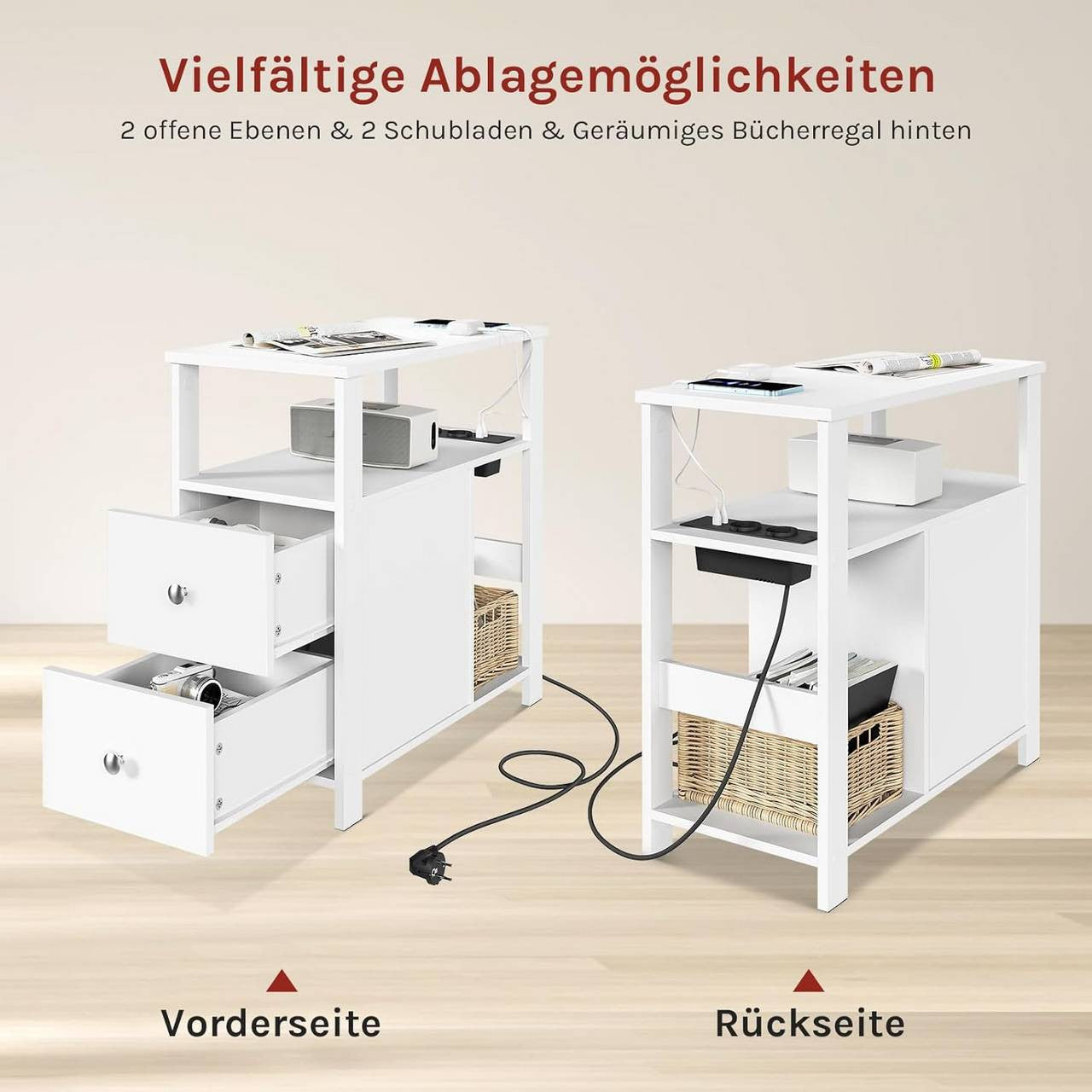 24goodz Side Table with Charging Station - Versatile Storage Options - E1-Class Wood - For Small Spaces - White/Black