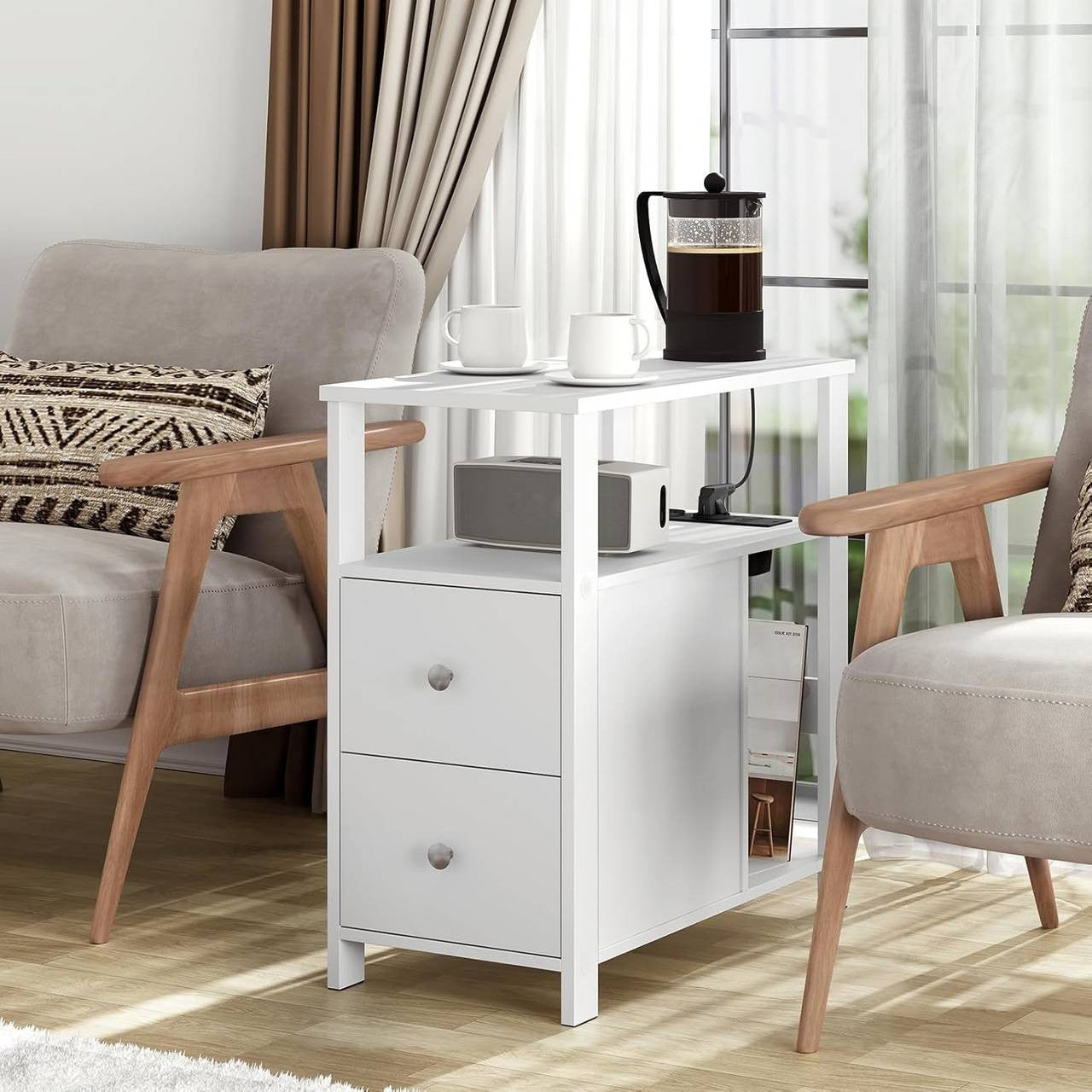 24goodz Side Table with Charging Station - Versatile Storage Options - E1-Class Wood - For Small Spaces - White/Black