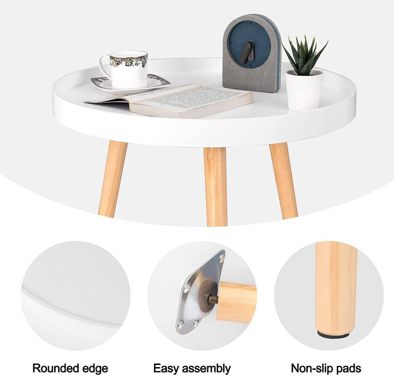 24goodz Round Side Table - Stylish and Practical Design - E1 MDF and Pine Wood - For Living Room and Bedroom - White 50x44cm - ws