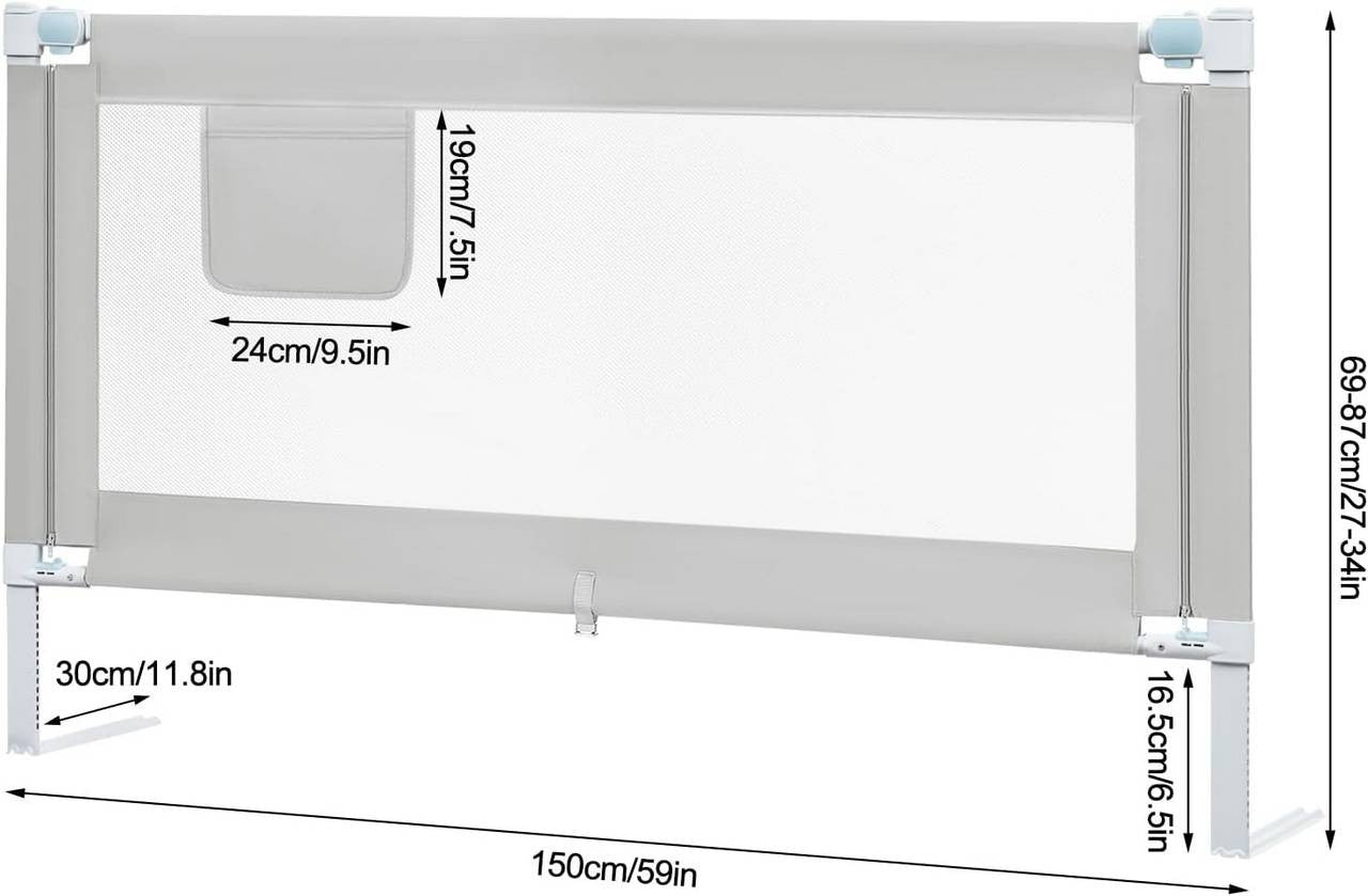 24goodz Bed Rail for Children - Stable & Safe - Adjustable Height - 300D Oxford Fabric - Light Grey - 150 cm
