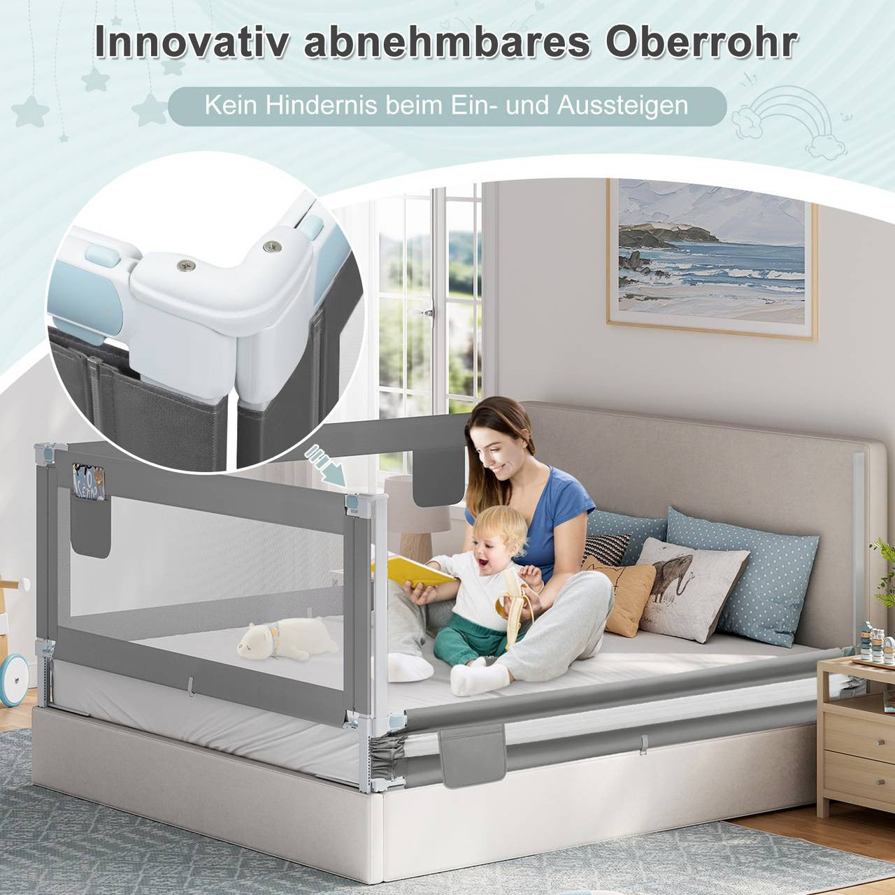 24goodz Safety Bed Rail for Kids - Stable & Safe Design - Adjustable Height - 300D Oxford Fabric - Dark Grey - 150 cm