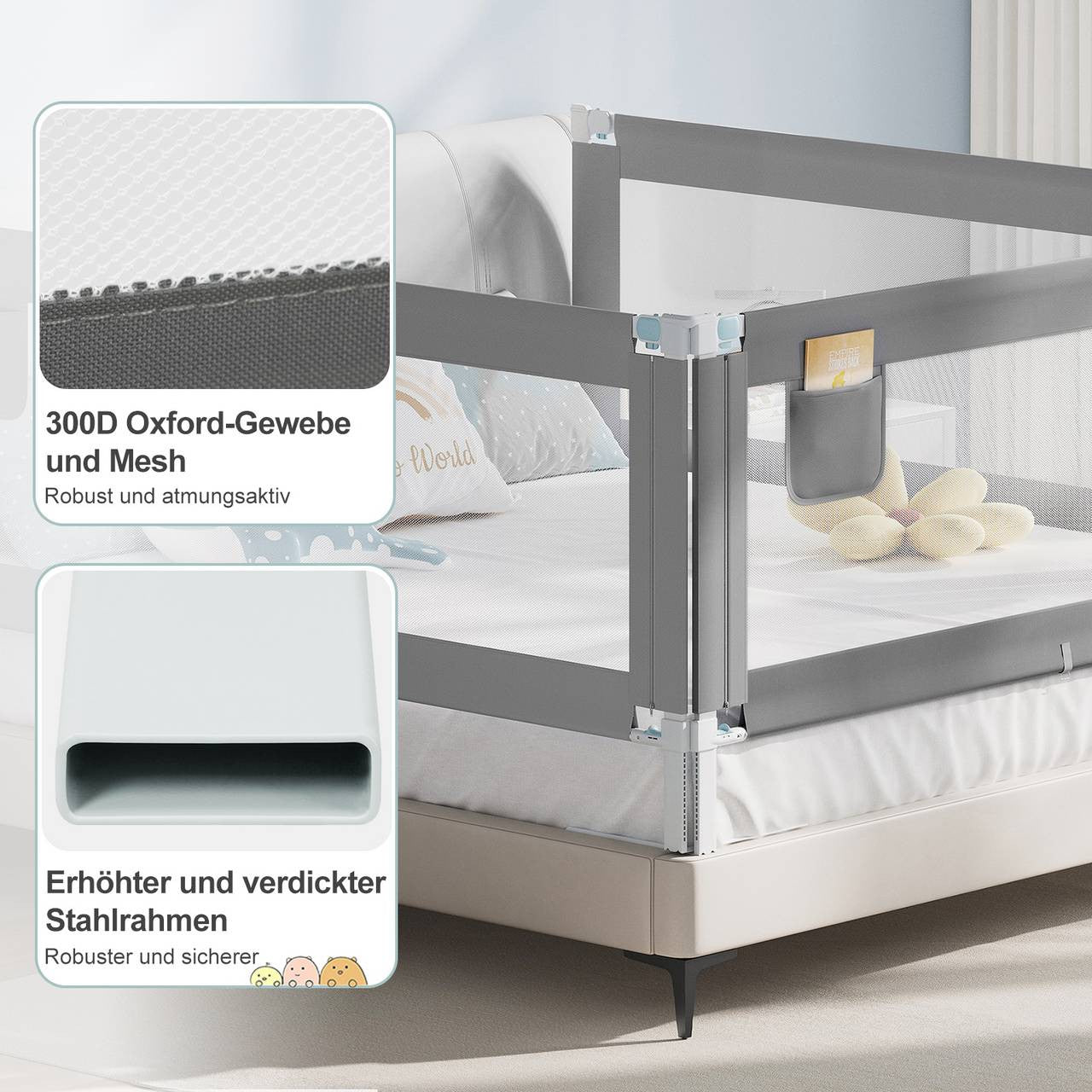 24goodz Baby Bed Guard - Stable & Safe Design - Adjustable Height - 300D Oxford Fabric - For Children - Dark Grey