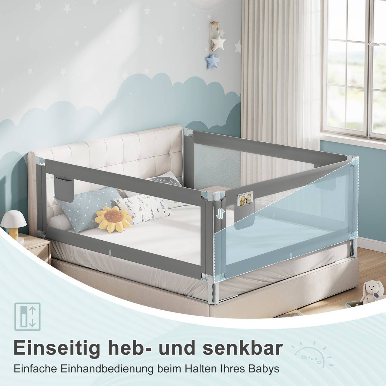 24goodz Baby Bed Guard - Stable & Safe Design - Adjustable Height - 300D Oxford Fabric - For Children - Dark Grey