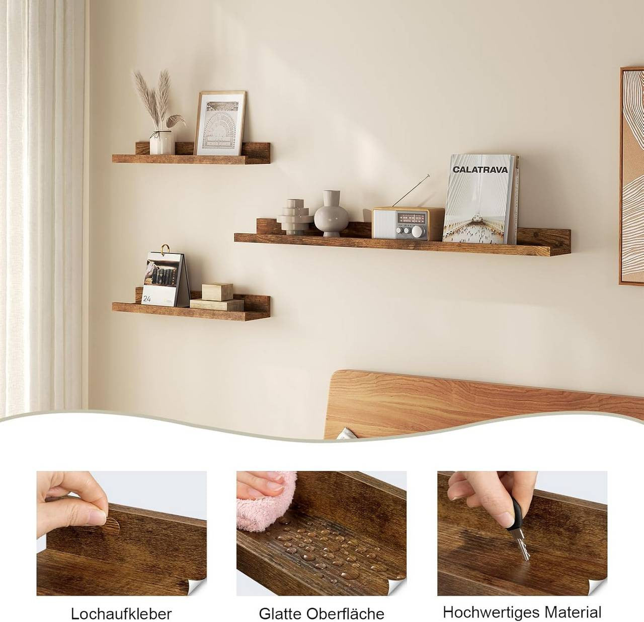 24goodz Floating Shelf Set of 3 - Stylish Storage Solution - Durable MDF - For Home Decor - Rustic Brown