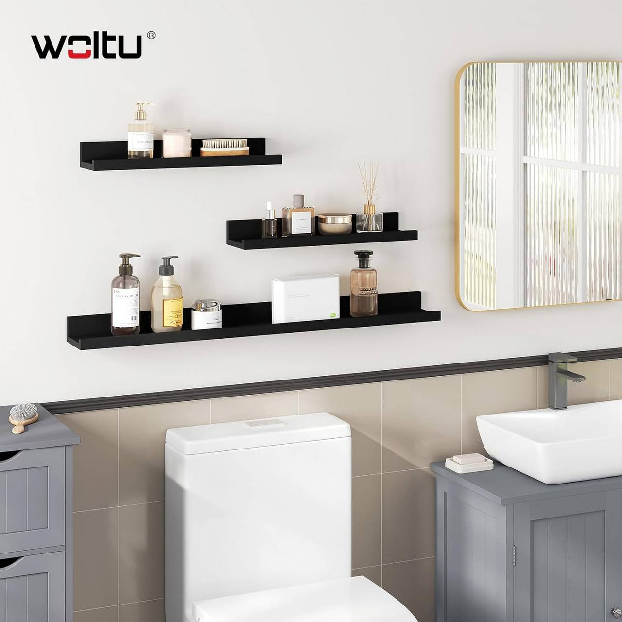 24goodz Floating Shelf Set of 3 - Stylish Storage Solution - Durable MDF - For Home Decor - Black