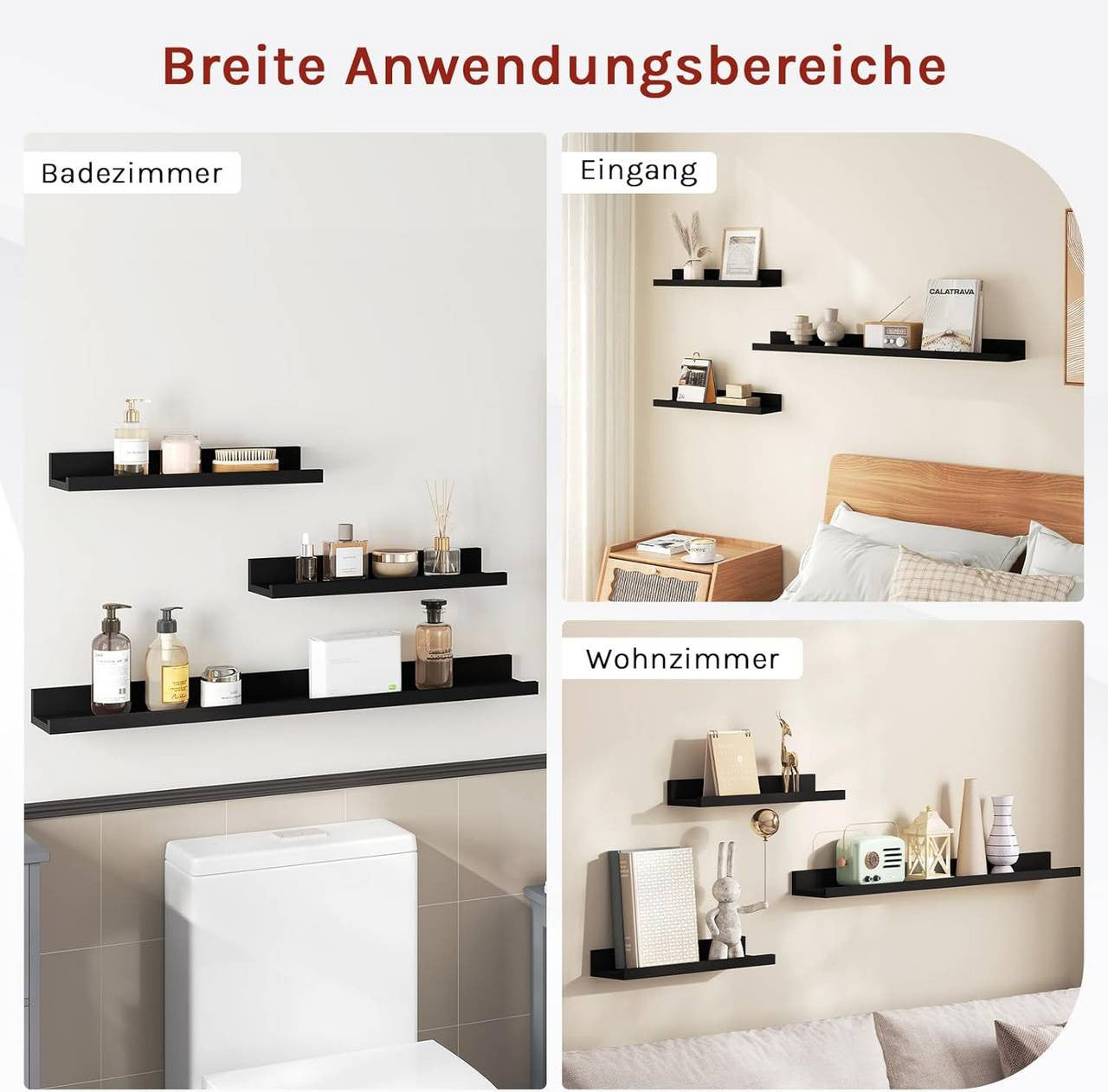 24goodz Floating Shelf Set of 3 - Stylish Storage Solution - Durable MDF - For Home Decor - Black