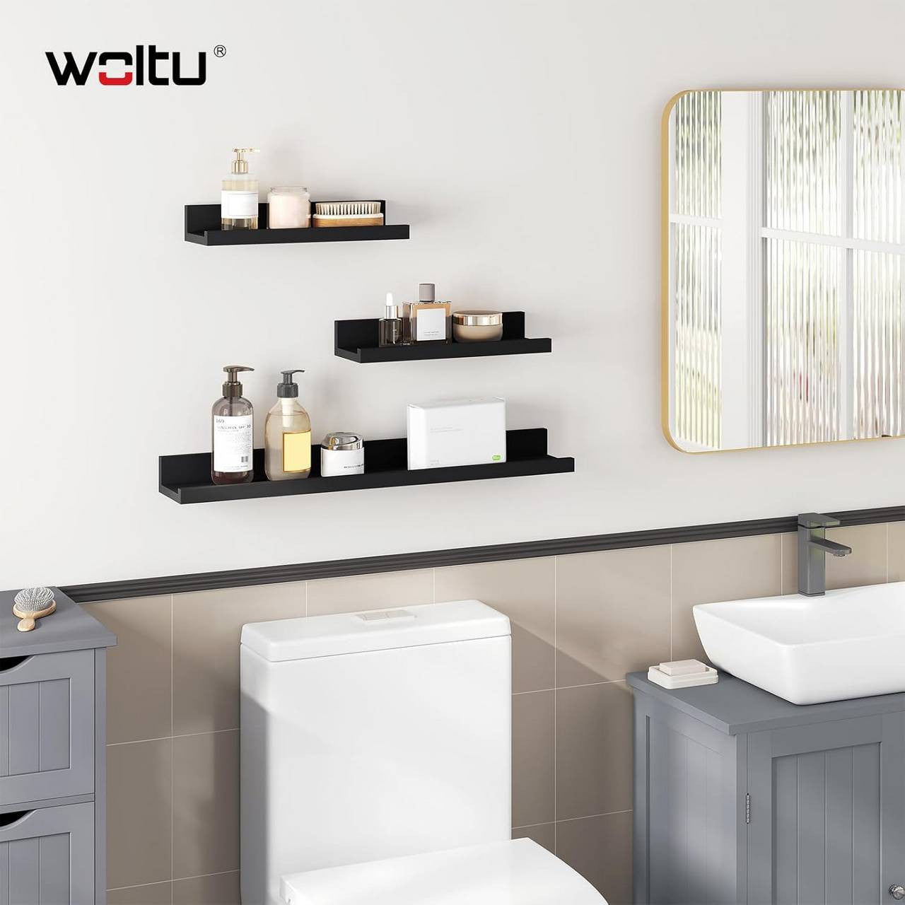 24goodz Floating Shelf Set of 3 - Stylish Storage Solution - Durable MDF - For Home Decor - Black