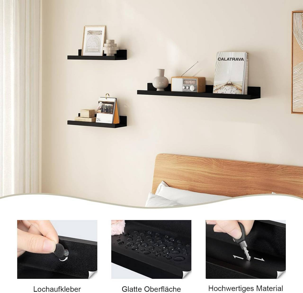 24goodz Floating Shelf Set of 3 - Stylish Storage Solution - Durable MDF - For Home Decor - Black