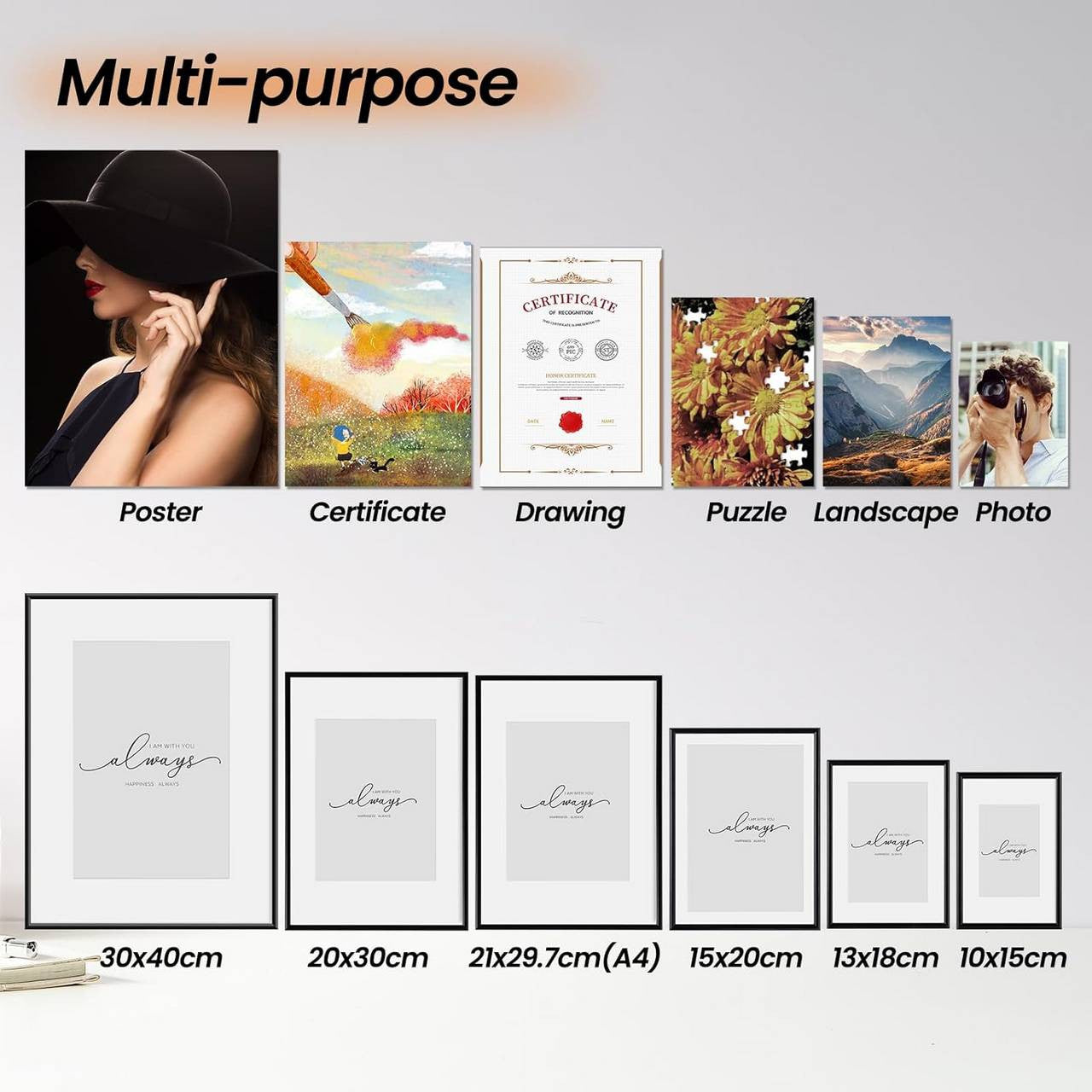 24goodz Set of 4 Photo Frames - Versatile Display Options - Premium Aluminium and Plexiglass - For Home and Office - Black 30x40 cm