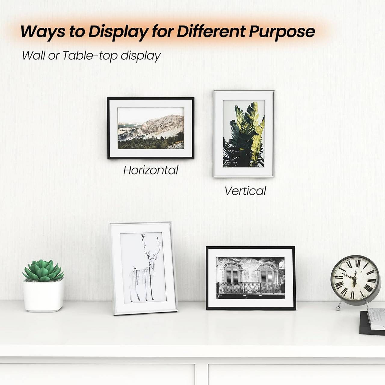 24goodz Set of 4 Photo Frames - Versatile Display Options - Premium Aluminium and Plexiglass - For Home and Office - Black/Silver