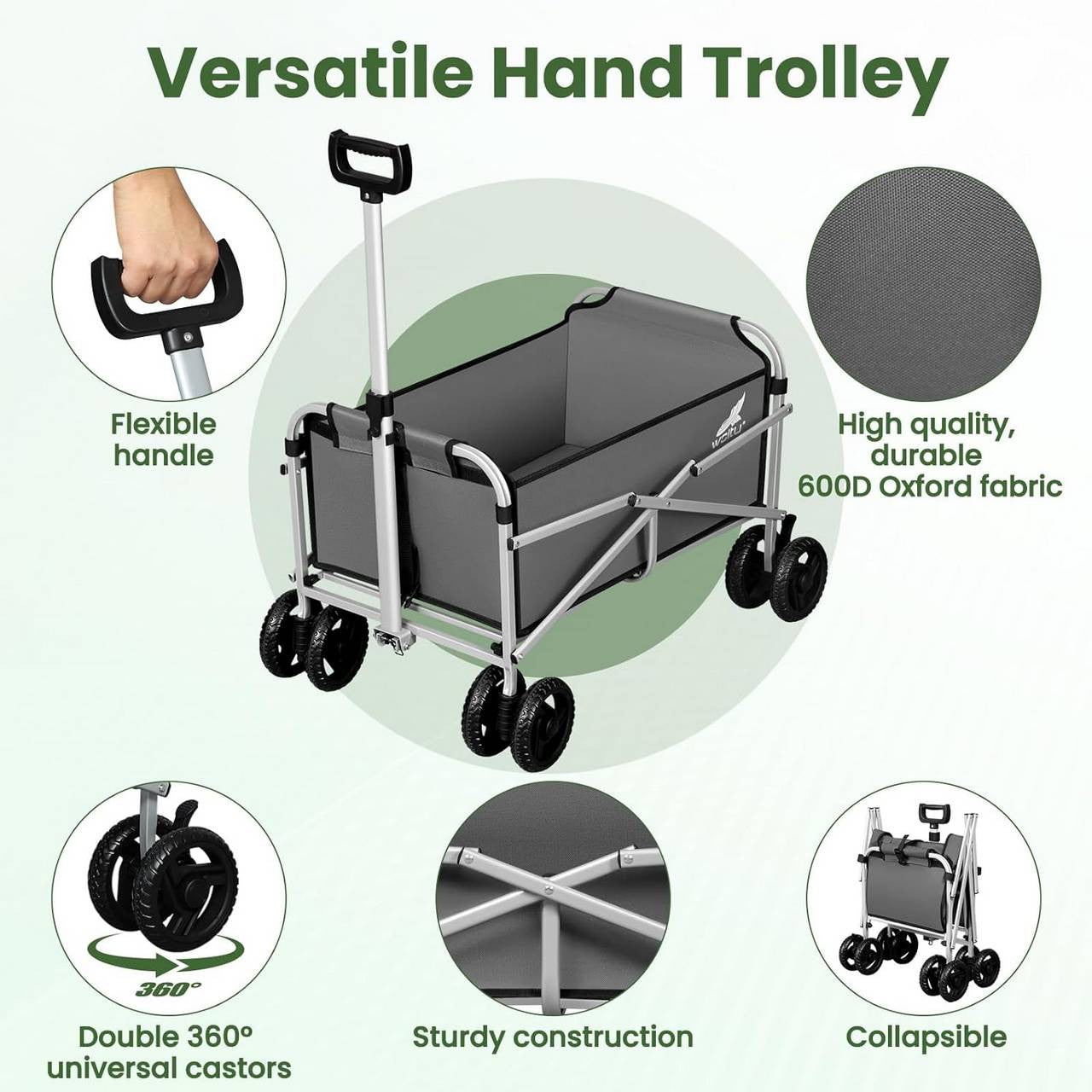 24goodz Foldable Hand Cart with Brake - Easy to Store - 80 kg Load Capacity - Metal and 600D Oxford Fabric - Dark Grey