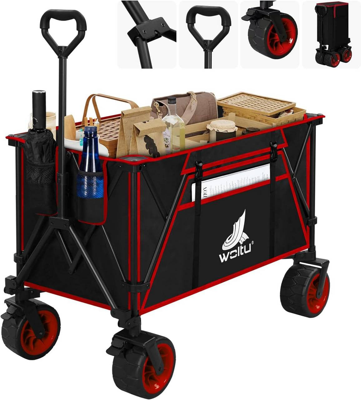 24goodz Foldable Hand Cart - Portable & Easy to Store - Coated Steel - For Outdoor Adventures - Black + Red