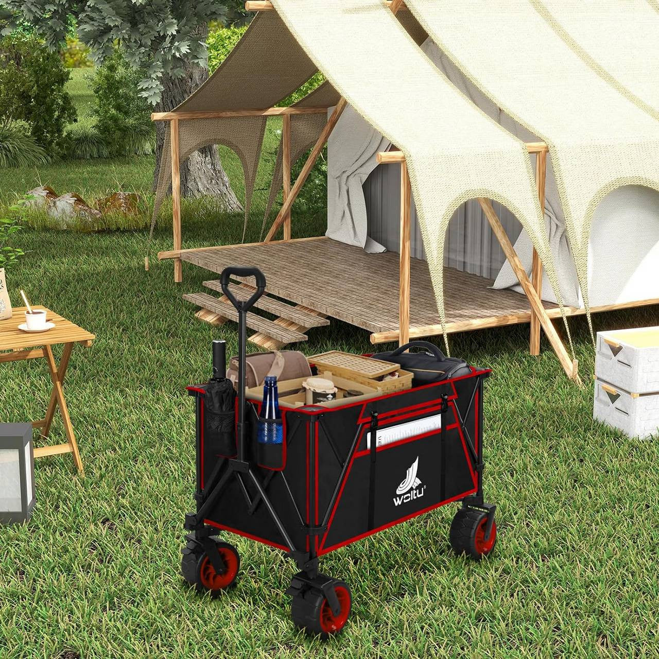 24goodz Foldable Hand Cart - Portable & Easy to Store - Coated Steel - For Outdoor Adventures - Black + Red