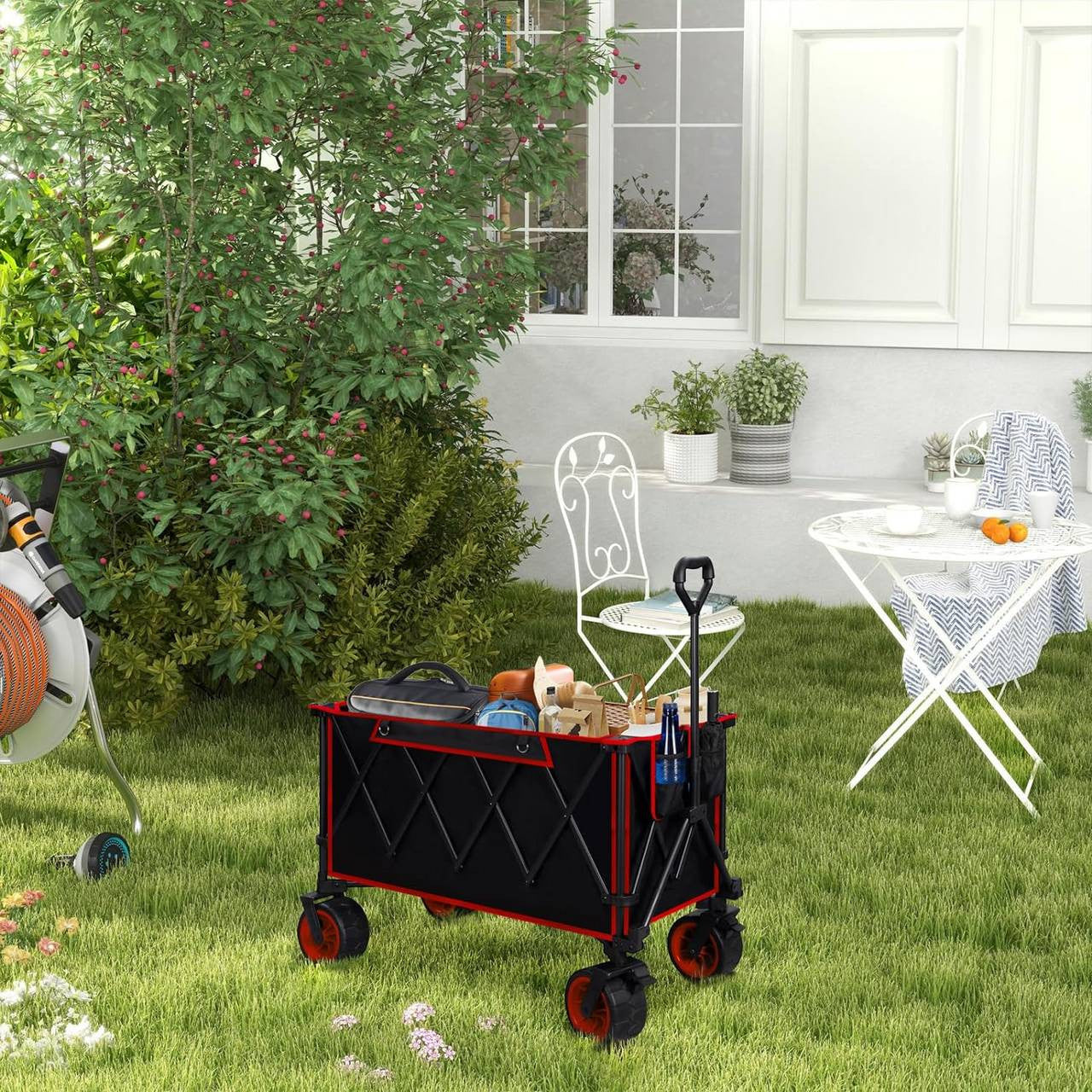 24goodz Foldable Hand Cart - Portable & Easy to Store - Coated Steel - For Outdoor Adventures - Black + Red