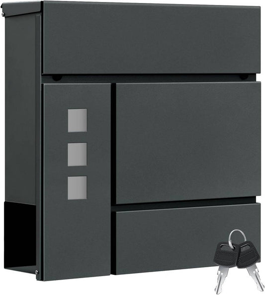 24goodz Stylish Mailbox with Newspaper Compartment - Modern Design - Practical Hinged Lid - Galvanized Steel - Anthracite - 37x37x10.5 cm