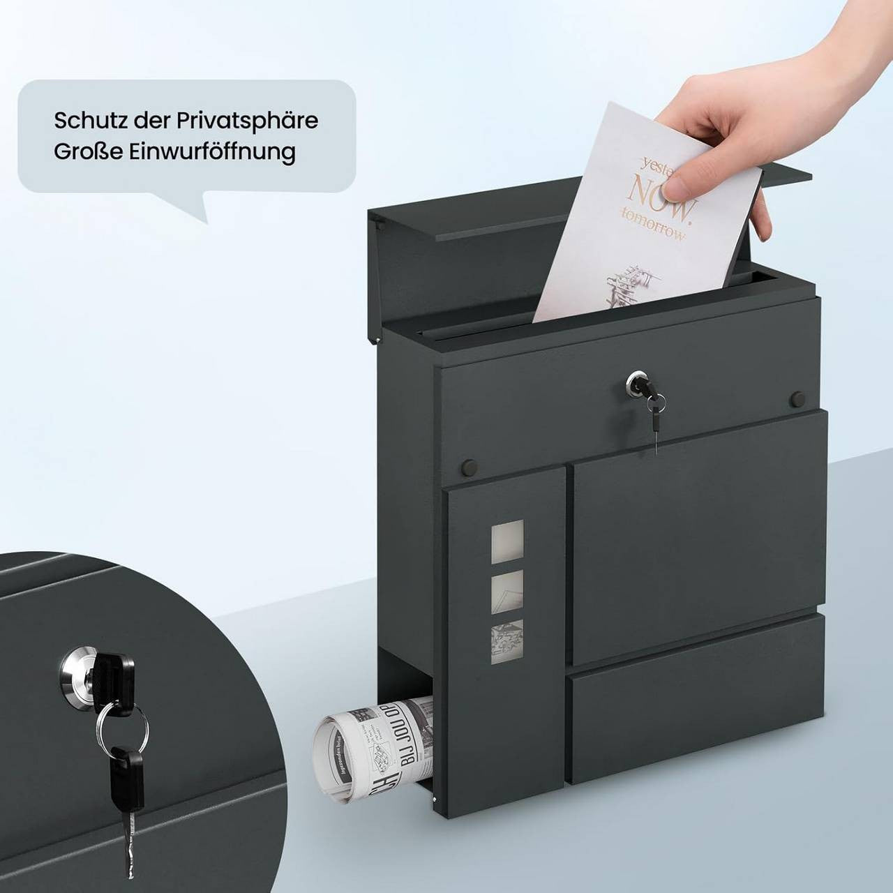 24goodz Stylish Mailbox with Newspaper Compartment - Modern Design - Practical Hinged Lid - Galvanized Steel - Anthracite - 37x37x10.5 cm