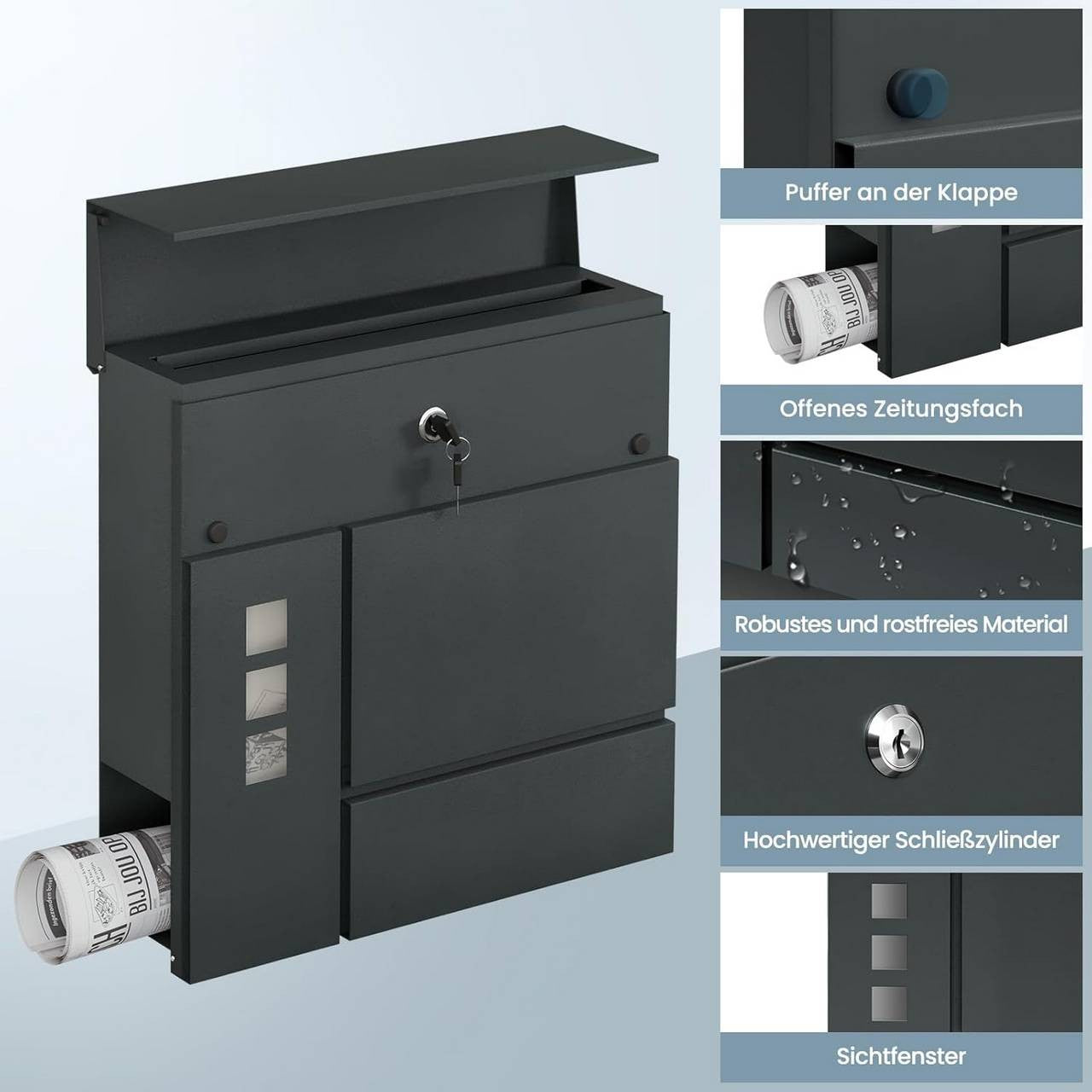 24goodz Stylish Mailbox with Newspaper Compartment - Modern Design - Practical Hinged Lid - Galvanized Steel - Anthracite - 37x37x10.5 cm