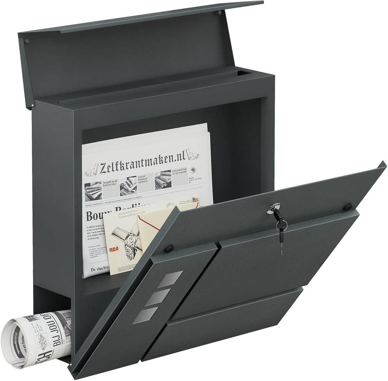 24goodz Stylish Mailbox with Newspaper Compartment - Modern Design - Practical Hinged Lid - Galvanized Steel - Anthracite - 37x37x10.5 cm