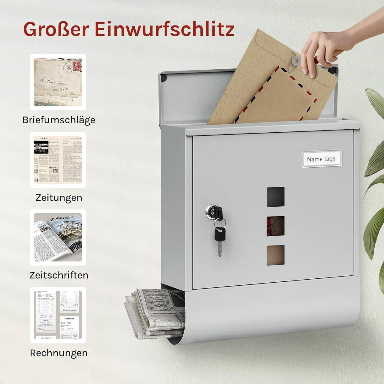 24goodz Mailbox with Newspaper Compartment - Modern Design - Galvanized Steel - For Homeowners - Grey