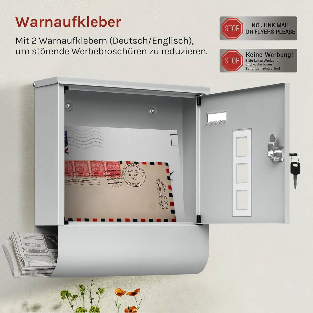 24goodz Mailbox with Newspaper Compartment - Modern Design - Galvanized Steel - For Homeowners - Grey