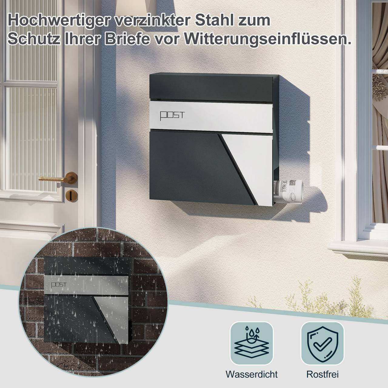 24goodz Wall-Mounted Mailbox with Newspaper Compartment - Modern Design - High Quality Galvanized Steel - Anthracite + White