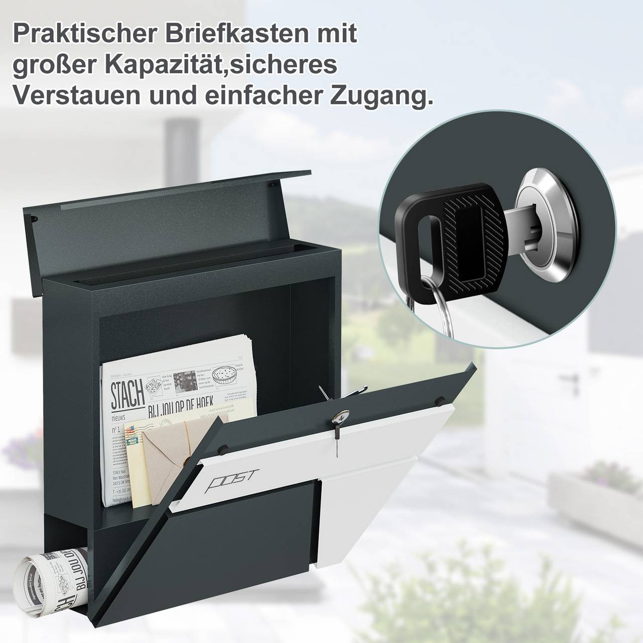 24goodz Wall-Mounted Mailbox with Newspaper Compartment - Modern Design - High Quality Galvanized Steel - Anthracite + White