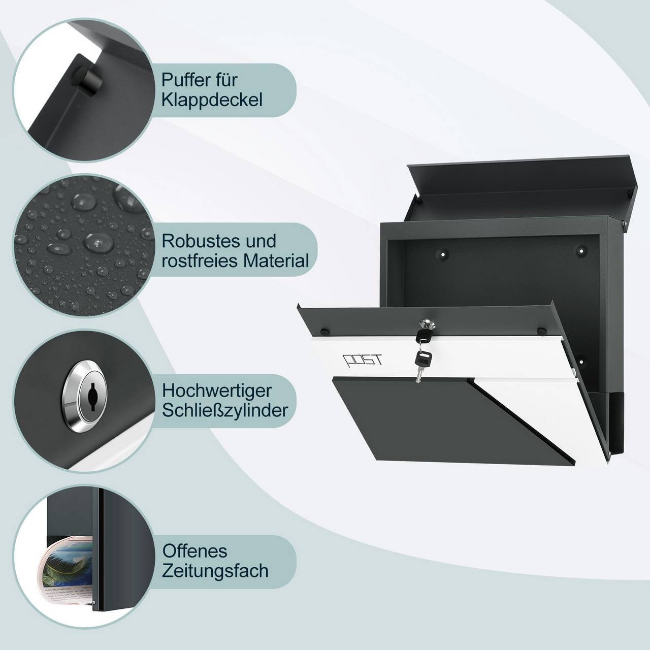 24goodz Wall-Mounted Mailbox with Newspaper Compartment - Modern Design - High Quality Galvanized Steel - Anthracite + White