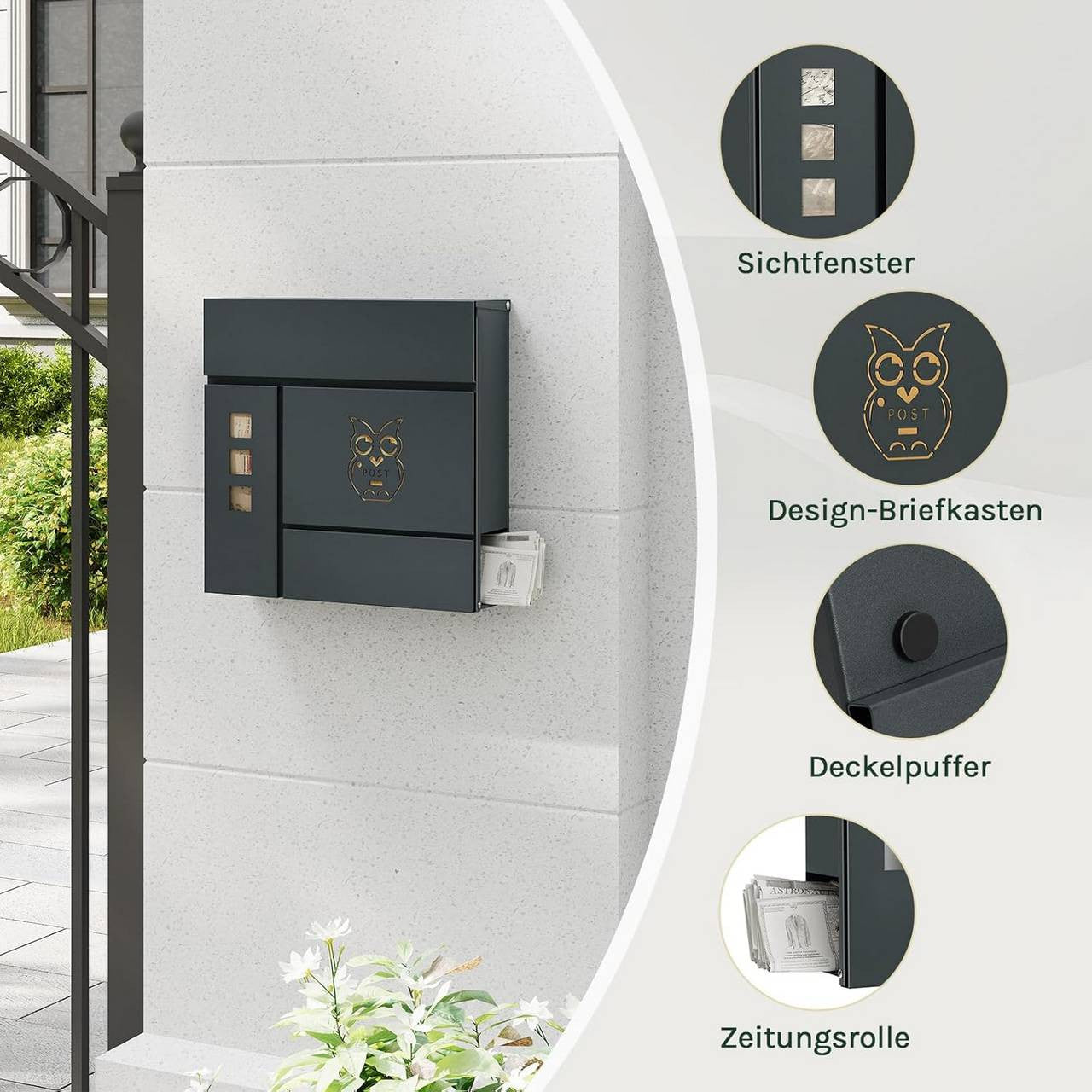 24goodz Mailbox with Newspaper Compartment and Viewing Windows - Weather Resistant - Secure Lock with 2 Keys - Galvanized Steel - Anthracite - 37x10.5x37 cm