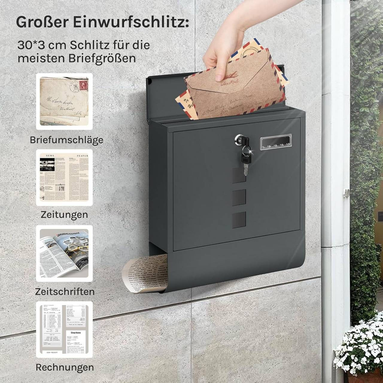 24goodz Mailbox with Newspaper Slot and Nameplate - Organized Storage - Durable Galvanized Steel - For Homeowners - Anthracite