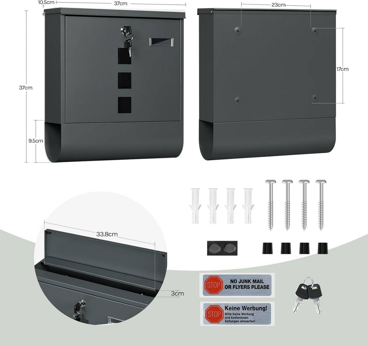 24goodz Wall-Mounted Mailbox with Newspaper Compartment - Spacious Storage - Durable Galvanized Steel - For Homeowners - Anthracite