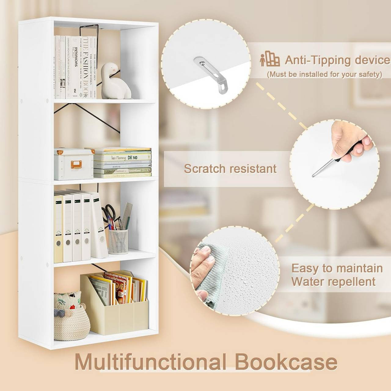 24goodz 4-Tier Bookshelf - Durable and Stylish - E1 Wood Material - For Home and Office - White