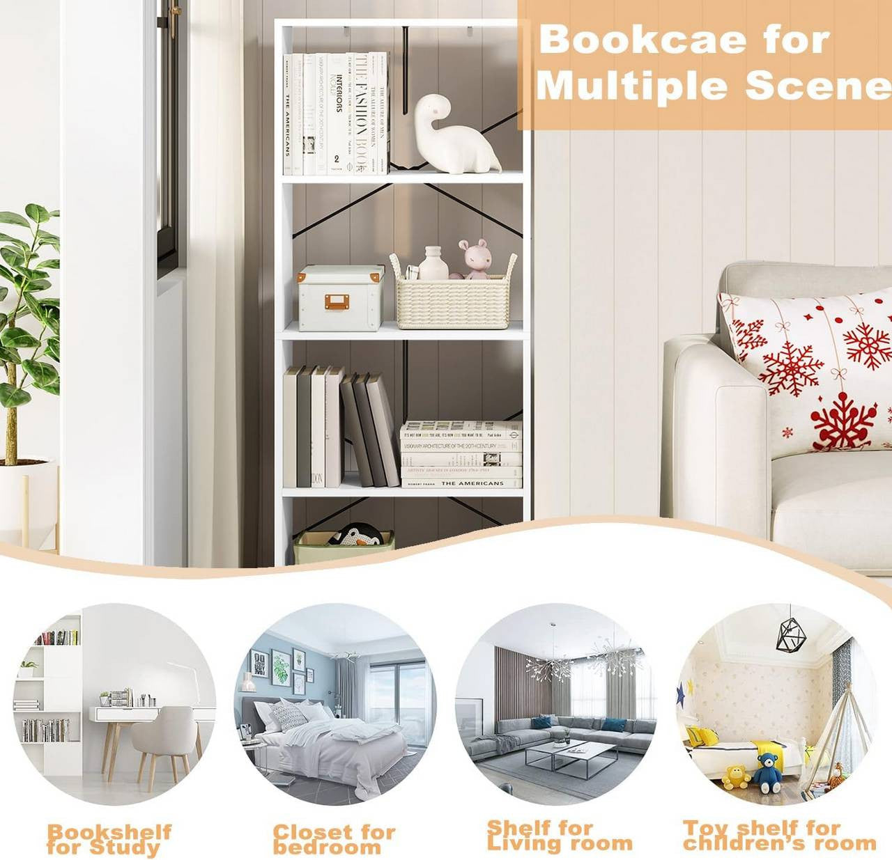 24goodz 4-Tier Bookshelf - Durable and Stylish - E1 Wood Material - For Home and Office - White