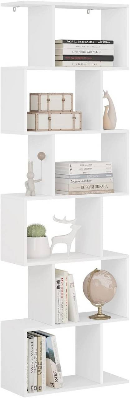 24goodz S-Shaped Bookshelf - Spacious Storage with 6 Levels - E1 Wood - For Home & Office - White + Light Oak - 60x189.5x24 cm