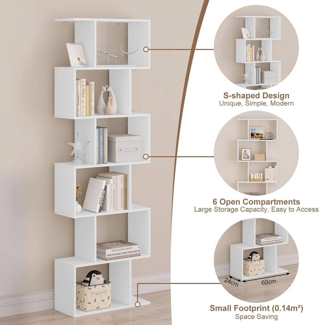 24goodz S-Shaped Bookshelf - Spacious Storage with 6 Levels - E1 Wood - For Home & Office - White + Light Oak - 60x189.5x24 cm