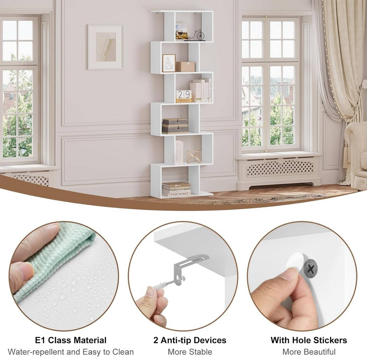 24goodz S-Shaped Bookshelf - Spacious Storage with 6 Levels - E1 Wood - For Home & Office - White + Light Oak - 60x189.5x24 cm